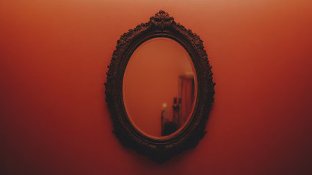 This image features an ornate antique mirror framed elegantly, reflecting soft light in a cozy room with a vibrant orange wall, creating a warm ambiance.の素材