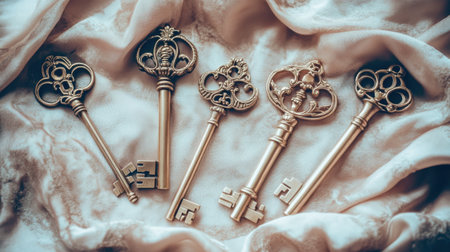 A stunning collection of vintage decorative keys arranged on soft fabric. These ornate keys exude elegance and charm, ideal for home dの素材