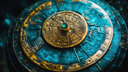 This captivating close-up of an ancient artifact reveals intricate patterns and vibrant colors, inviting exploration and contemplation of historical significance.の素材