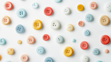A vibrant and playful array of buttons in various sizes and colors set against a clean white background, perfect for crafting, sewing projects, or artistic designs.の素材