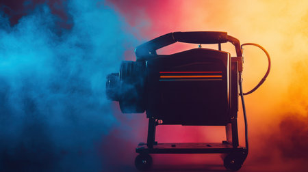 A vintage camera projector stands prominently against a vibrant smoke background, evoking a dramatic and creative atmosphere ideal for photography and film projects.の素材