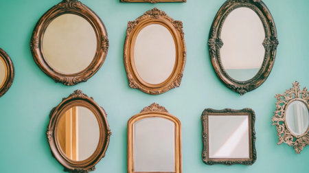 A stunning collection of vintage decorative mirrors arranged on a turquoise wall, perfect for adding character and style to modern interior spaces.の素材