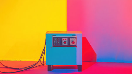 This striking image features a retro appliance set against a vibrant and colorful background, highlighting modern aesthetics and design concepts.の素材