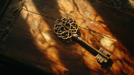 A vintage decorative key rests on a wooden surface illuminated by warm light, creating intricate shadow patterns. This image captures elegance and artistic simplicity.の素材