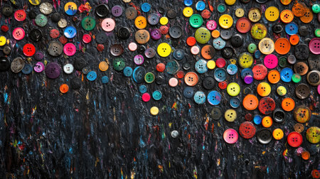 A stunning close-up image featuring an array of colorful buttons set against a dark textured background, perfect for crafts and creative projects.の素材