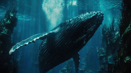A stunning capture of a humpback whale gliding effortlessly through serene ocean waters, showcasing the beauty of marine life and vibrant underwater landscapes.の素材