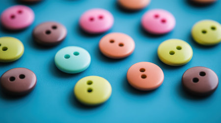 A vibrant collection of assorted sewing buttons in various colors, beautifully arranged on a bright blue background, perfect for creative projects.の素材