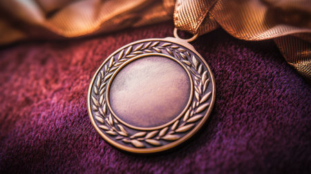 This image features a detailed antique bronze medal adorned with laurel leaves, resting on a luxurious velvet background, symbolizing achievement and recognition.の素材