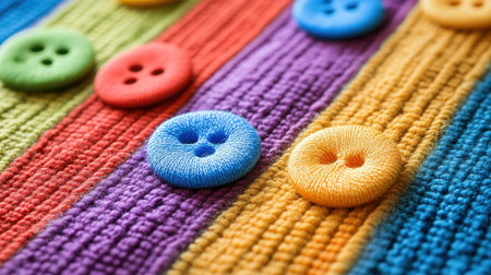 A vivid close-up of assorted sewing buttons set against a colorful fabric background. This image captures the essence of creativity and crafting, making it perfect for projects related to textiles and handmade arts.の素材