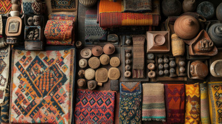 Explore the rich diversity of textures and designs in this artisan display featuring handwoven fabrics and handcrafted objects that celebrate tradition.の素材