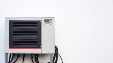 This image features a sleek, modern climate control unit mounted on a plain wall, designed for residential or commercial spaces, showcasing efficiency and advanced technology.の素材