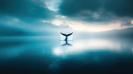 A stunning image captures the majestic tail of a whale breaking the surface of tranquil waters under a dramatic sky. The serene atmosphere emphasizes nature's beauty, perfect for wildlife enthusiasts or marine conservation projects.の素材