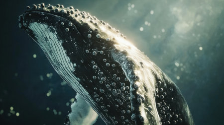 This stunning close-up image showcases a humpback whale emerging from the deep ocean, illustrating the grace and beauty of marine wildlife in its natural habitat.の素材