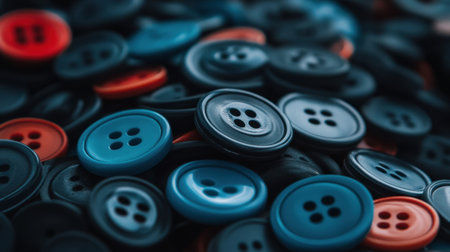 A dynamic assortment of buttons in vibrant shades of blue, red, and black spread across a fabric surface, perfect for sewing and crafting projects.の素材