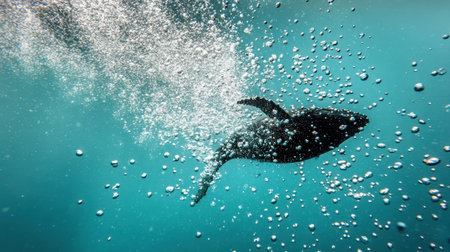 An exhilarating underwater scene featuring a fish gracefully swimming through a myriad of bubbles, showcasing the tranquility and beauty of aquatic life.の素材