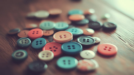 This image showcases a vibrant collection of flat buttons scattered on a wooden surface, perfect for crafting, sewing, or artistic decoration.の素材