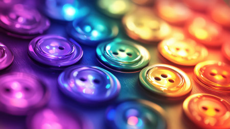 This vibrant close-up image showcases a variety of shiny buttons in a beautiful spectrum of colors, perfect for inspiring creativity in crafting and sewing projects.の素材