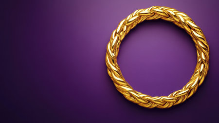 A luxurious golden braided circular frame set against a rich purple background, ideal for elegant design projects, art presentations, or promotional materials.の素材