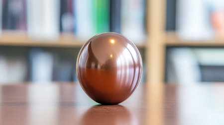 A shiny brown sphere rests on a wooden surface, creating an elegant centerpiece. The blurred background suggests a cozy library space, emphasizing simplicity and style.の素材