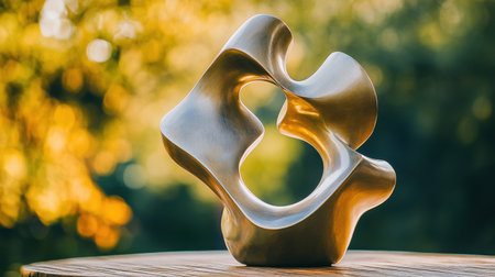 This stunning abstract bronze sculpture is displayed outdoors, beautifully highlighted by soft natural lighting. The unique curves and shapes evoke a sense of harmony and creativity, making it a perfect focal point for art enthusiasts.の素材