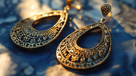 This close-up image showcases a pair of elegant golden earrings featuring intricate designs that exude vintage charm and craftsmanship. The soft lighting accentuates their beauty and details, making them a perfect fashion accessory.の素材