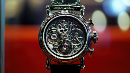 This captivating image features a vintage mechanical watch showcasing intricate gears and jewels, reflecting craftsmanship and style in timepiece design.の素材