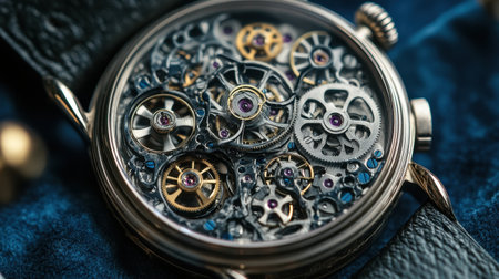 Explore the intricate beauty of a mechanical watch movement featuring numerous gears and jewels, highlighted against a rich blue leather background.の素材