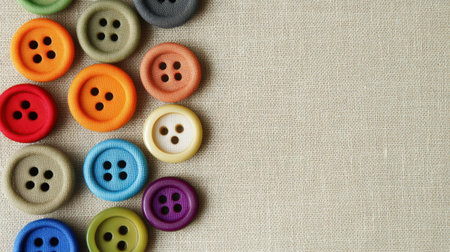 This image features a vibrant assortment of buttons in various colors arranged on a textured fabric background, perfect for inspiring craft and design projects.の素材