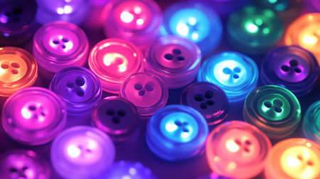 A captivating display of colorful plastic buttons glowing in various neon shades creates an artistic and vibrant background perfect for craft projects.の素材