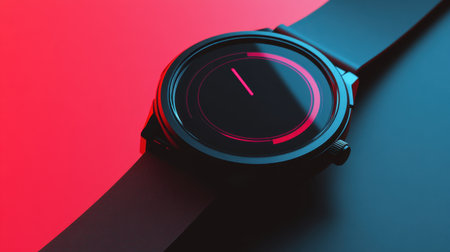 This stylish wristwatch showcases a modern design with a digital display, set against a striking red and blue backdrop, perfect for fashion enthusiasts.の素材