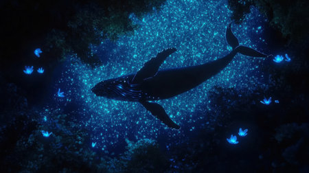 A stunning illustration of a humpback whale gracefully swimming through dark waters, surrounded by glowing plants and shimmering particles, creating a surreal atmosphere.の素材
