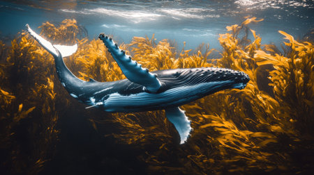 A stunning underwater scene featuring a humpback whale gliding through a lush kelp forest, capturing the essence of marine beauty and tranquility.の素材