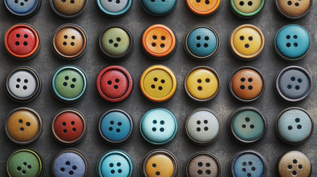 A captivating array of colorful sewing buttons arranged meticulously in a grid on a textured surface, showcasing various hues and designs. Ideal for crafting and textile projects.の素材