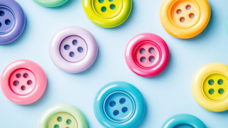 A vibrant arrangement of colorful plastic buttons displayed on a soft blue background, perfect for crafting, sewing projects, and artistic endeavors.の素材