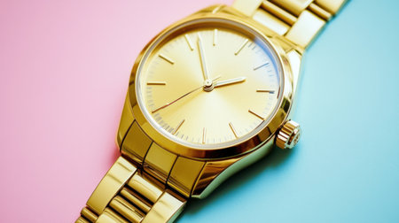This stunning gold watch features a sleek design, perfect for adding a touch of elegance and style to any outfit. It sits gracefully on a colorful soft background, showcasing its luxurious appeal and meticulous craftsmanship. Ideal for fashion enthusiasts.の素材