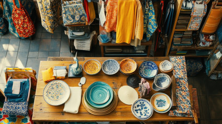 A vibrant display of handcrafted pottery and colorful textiles arranged neatly on a rustic wooden table in an inviting artisan shop setting.の素材