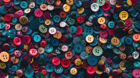 A vibrant and colorful collection of assorted plastic buttons in various shapes and sizes, ideal for crafting, sewing projects, or artistic design.の素材