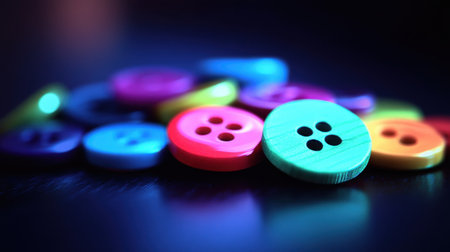A vibrant collection of assorted sewing buttons displayed on a dark surface creates an artistic and playful atmosphere. Perfect for crafting projects.の素材