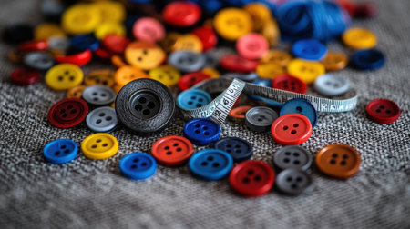 A vibrant array of assorted buttons in various colors scattered across a textured fabric surface, accompanied by a measuring tape, ideal for sewing and crafting projects.の素材