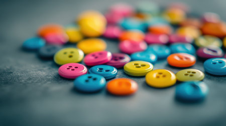 A vibrant assortment of colorful buttons scattered across a textured surface, showcasing various shapes and hues, perfect for craft enthusiasts and designers.の素材