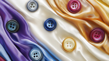A vibrant display of colorful buttons arranged artistically on softly draped satin fabric, perfect for inspiring crafters and designers in tailoring projects.の素材