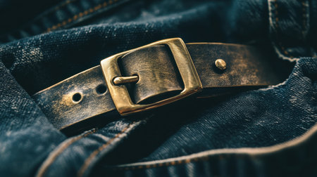 A detailed close-up of a worn leather belt resting on denim fabric showcases an antique brass buckle and rich textures, perfect for fashion themes.の素材