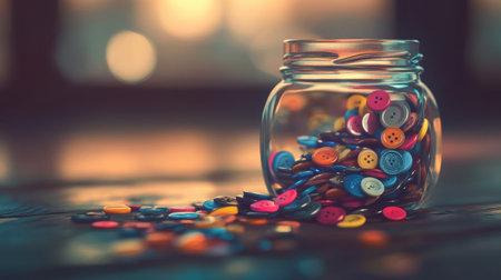 A visually captivating image of a glass jar filled with colorful buttons, spilling onto a wooden table, perfect for creative DIY project inspiration.の素材