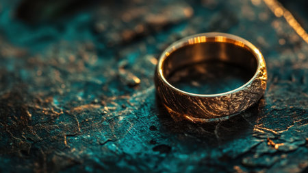A stunning gold ring rests on a beautifully textured surface, illuminated by soft, warm light that enhances its intricate design, perfect for jewelry lovers.の素材