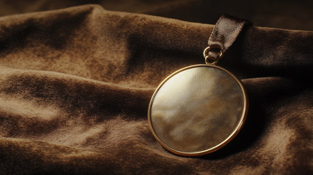 A vintage empty medal lying on a soft velvet fabric background, reflecting light beautifully, ideal for themes of recognition and achievement.の素材