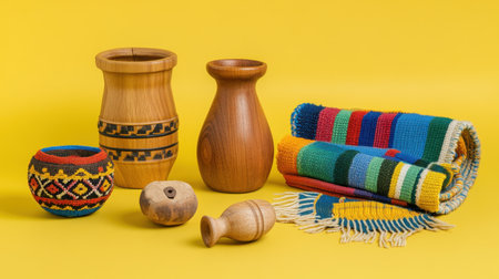 A vibrant display of colorful handmade wooden vessels and knit textiles set against a bright yellow background. Perfect for home decor and artistic inspiration.の素材