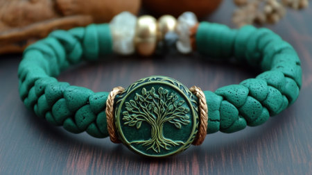 This handcrafted green leather bracelet features a detailed Tree of Life pendant and natural accents, perfect for adding a unique touch to any outfit.の素材