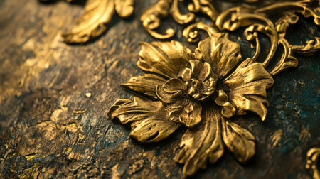 This captivating close-up features a detailed golden floral ornamentation set against an artistic textured background, perfect for decorative art projects.の素材