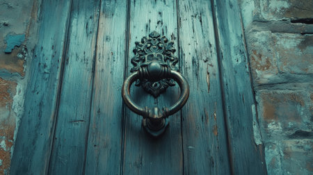 A close-up view of a vintage door knocker on a beautifully textured wooden door, showcasing intricate detailing and a charming patina finish.の素材
