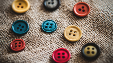 A charming display of colorful buttons laid out on a natural burlap fabric background, perfect for showcasing crafting supplies or textile projects.の素材